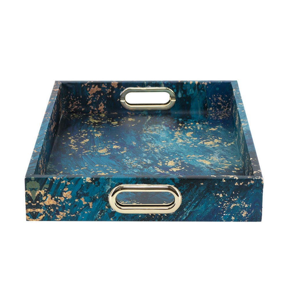 Rectangular Tray Set of 2 | Marble Design | Gold Handle | Teal Blue 16 18"