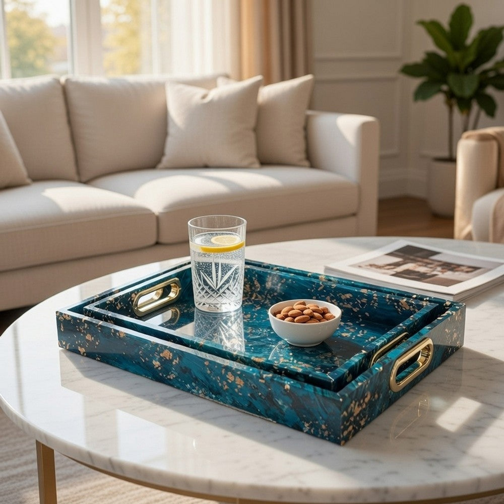 Rectangular Tray Set of 2 | Marble Design | Gold Handle | Teal Blue 16 18"