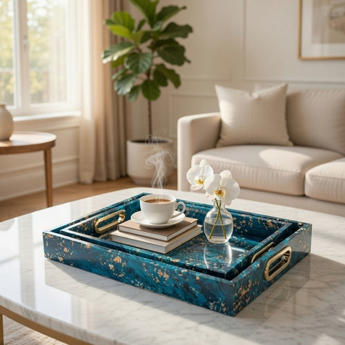 Rectangular Tray Set of 2 | Marble Design | Gold Handle | Teal Blue 16 18"