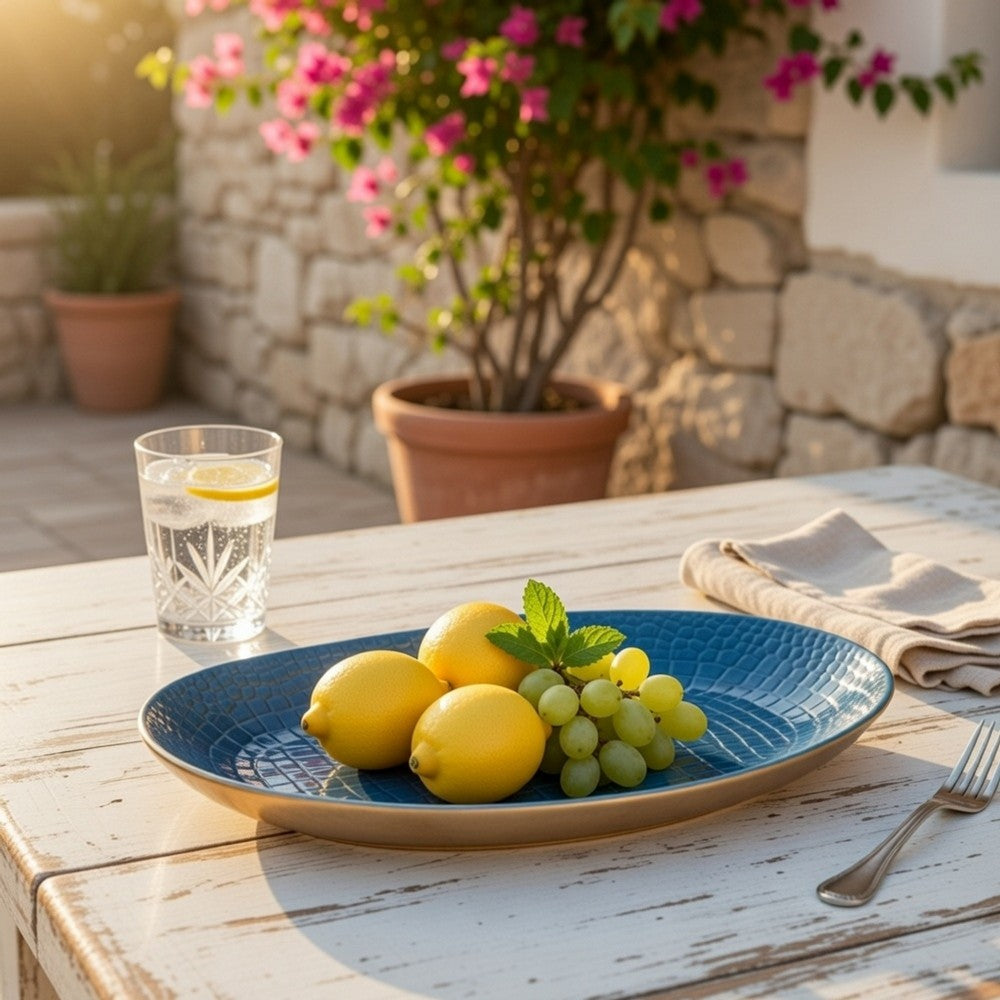 Dany Decorative Curved Platter | Crocodile Texture | Blue Aluminum 17"