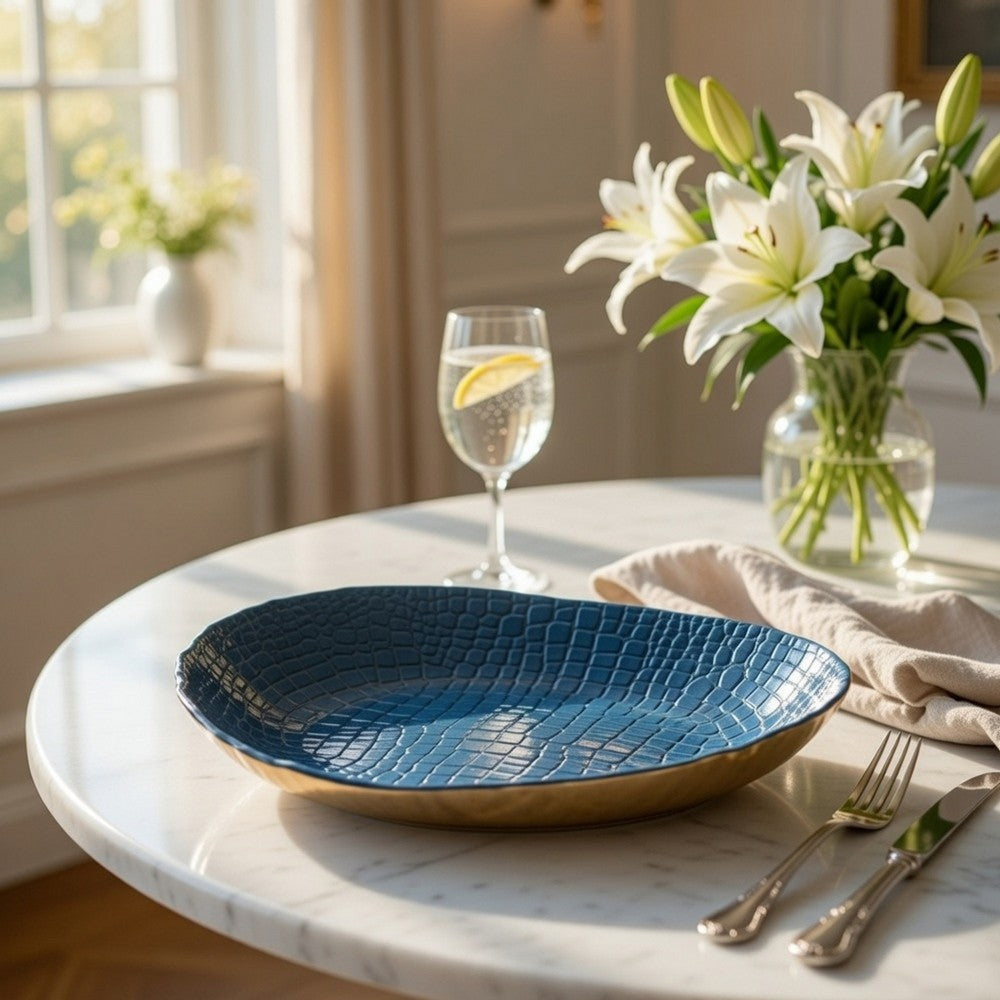 Dany Decorative Curved Platter | Crocodile Texture | Blue Aluminum 17"