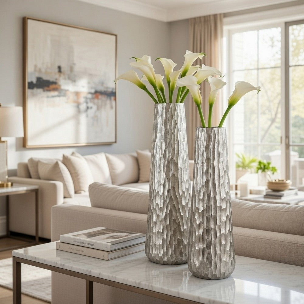 Decorative Vase Set of 2 | Handcrafted Design | Textured Silver 23 20"