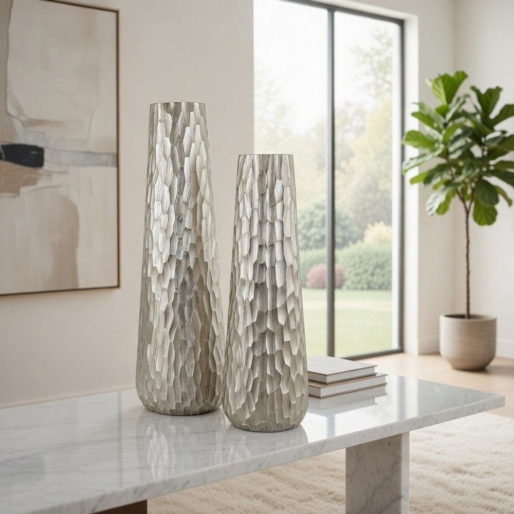 Decorative Vase Set of 2 | Handcrafted Design | Textured Silver 23 20"