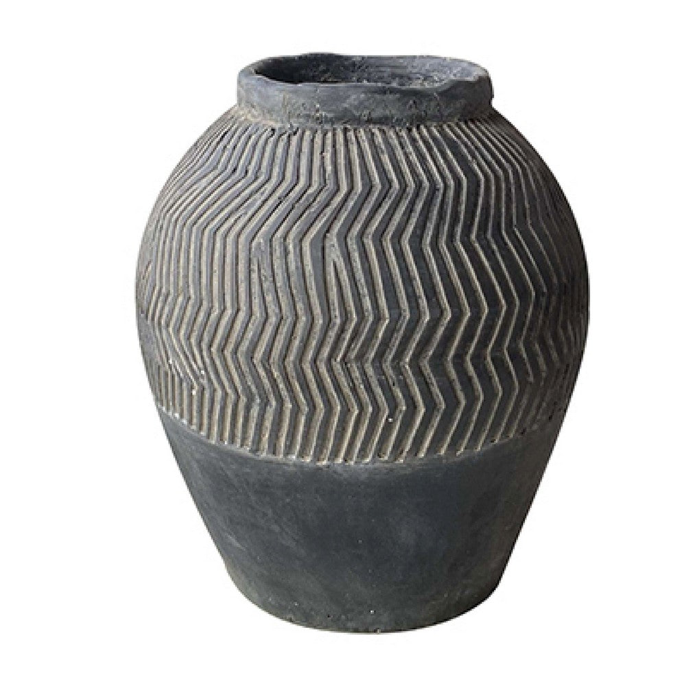 Decorative Pot | Chevron Pattern | Traditional Shape | Gray Cement 17"