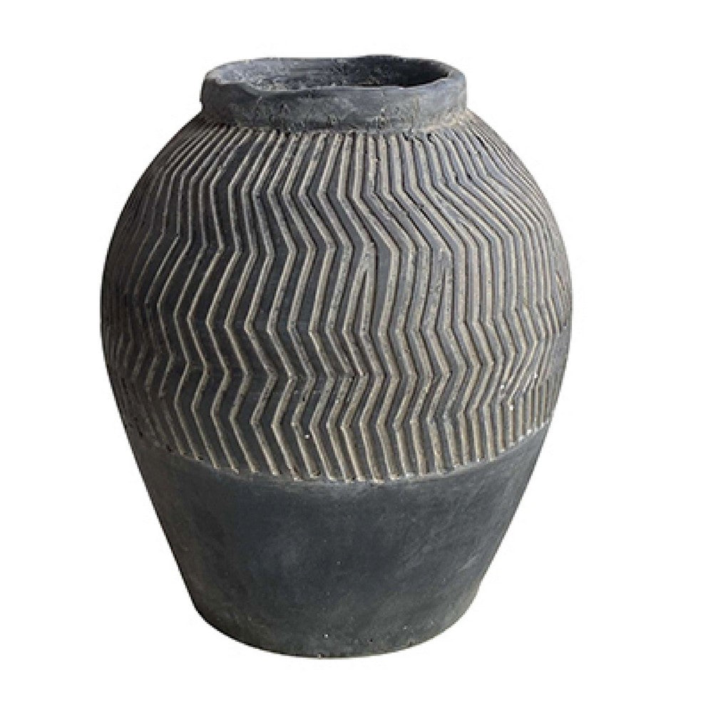 Decorative Pot | Chevron Pattern | Traditional Shape | Gray Cement 17"