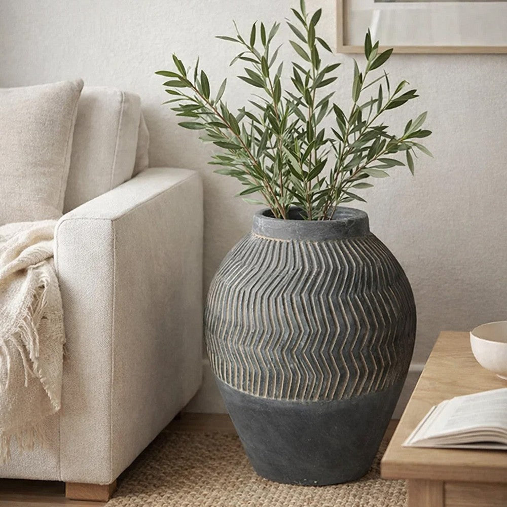 Decorative Pot | Chevron Pattern | Traditional Shape | Gray Cement 17"