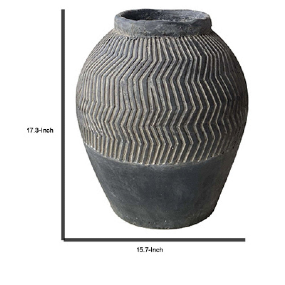 Decorative Pot | Chevron Pattern | Traditional Shape | Gray Cement 17"