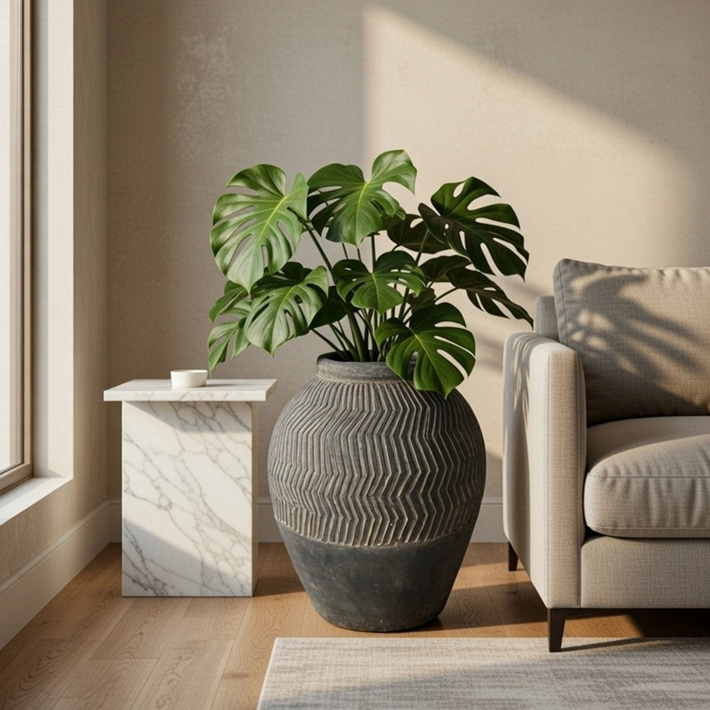 Decorative Pot | Chevron Pattern | Traditional Shape | Gray Cement 17"