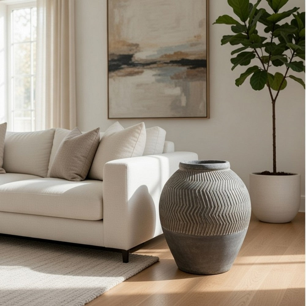 Decorative Pot | Chevron Pattern | Traditional Shape | Gray Cement 17"