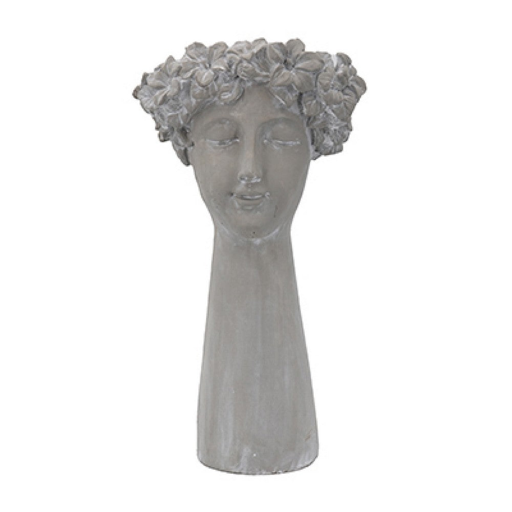 Decorative Vase | Women Head w Flower Wreath | Gray Cement | 23"