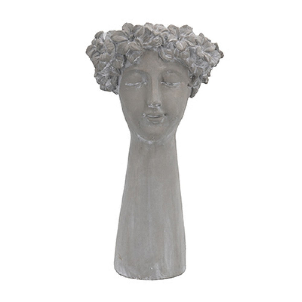 Decorative Vase | Women Head w Flower Wreath | Gray Cement | 23"