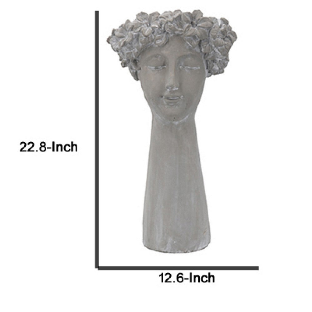 Decorative Vase | Women Head w Flower Wreath | Gray Cement | 23"