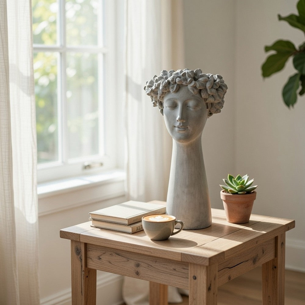 Decorative Vase | Women Head w Flower Wreath | Gray Cement | 23"