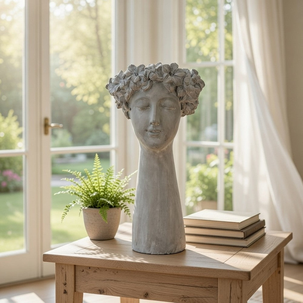 Decorative Vase | Women Head w Flower Wreath | Gray Cement | 23"