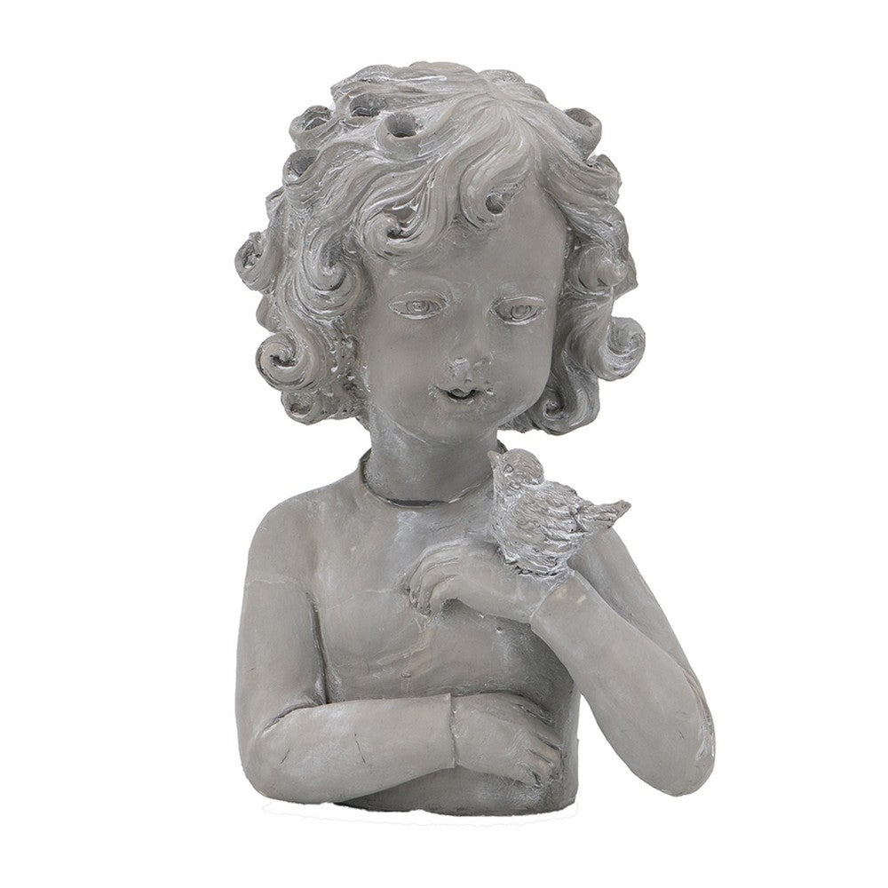 Decorative Vase | Bird on Girl's Hand Sculpture | Gray Polyresin | 12"