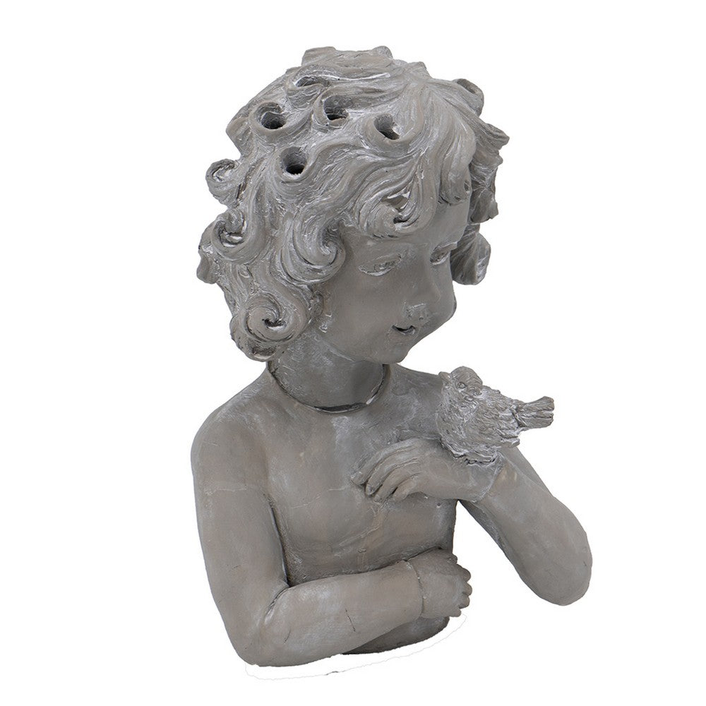 Decorative Vase | Bird on Girl's Hand Sculpture | Gray Polyresin | 12"