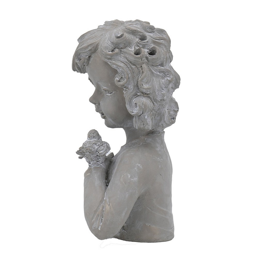 Decorative Vase | Bird on Girl's Hand Sculpture | Gray Polyresin | 12"