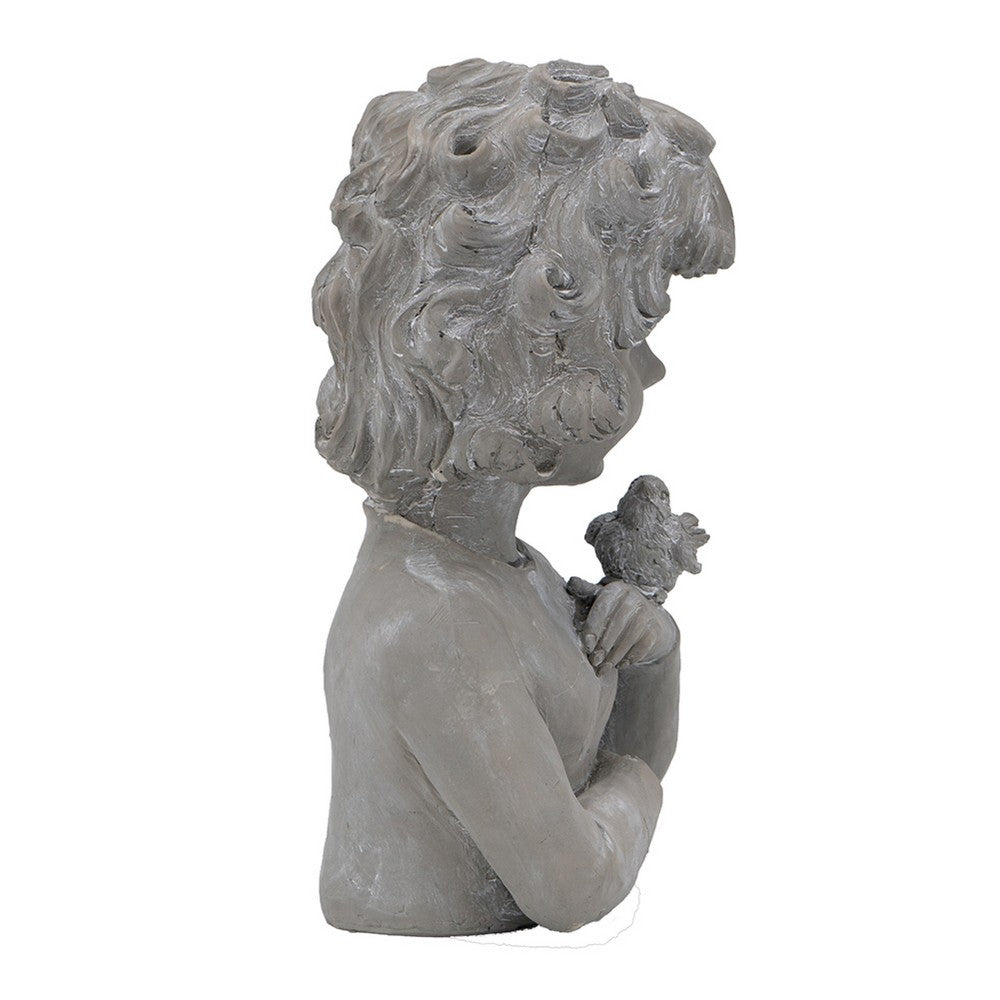 Decorative Vase | Bird on Girl's Hand Sculpture | Gray Polyresin | 12"