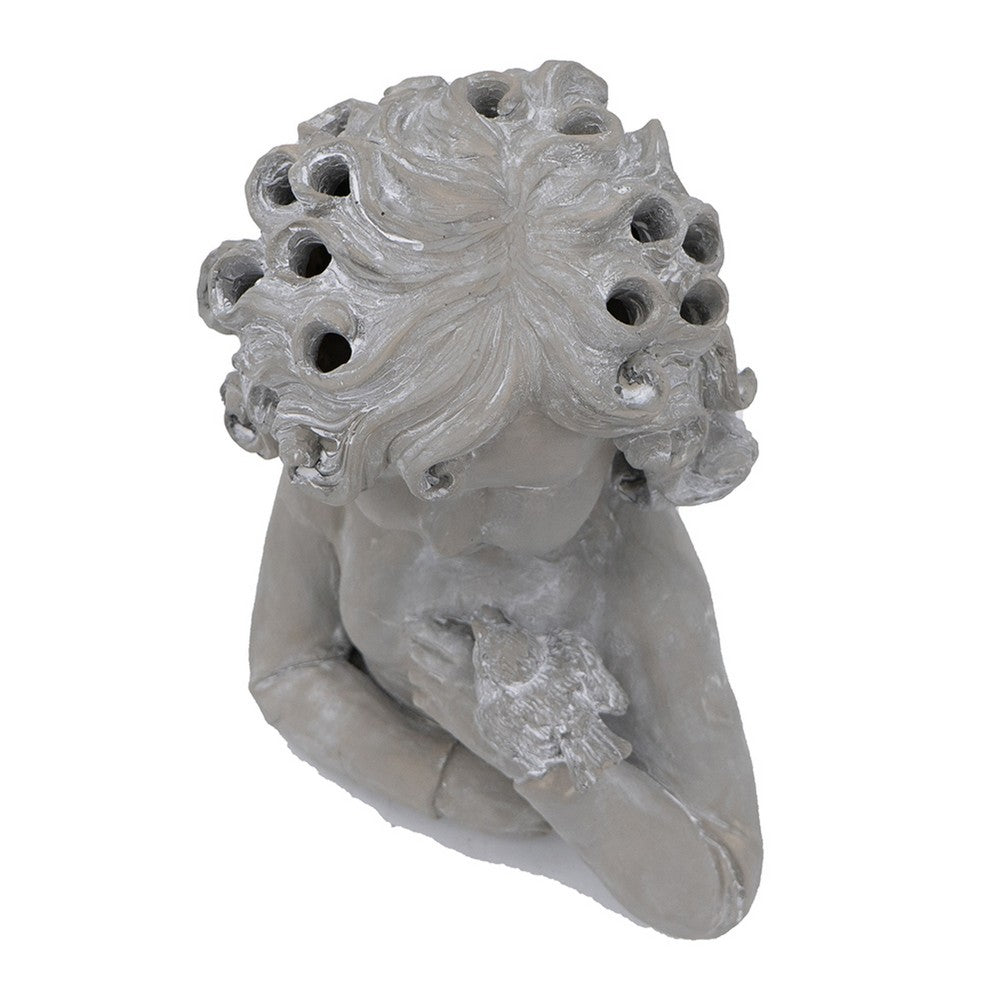 Decorative Vase | Bird on Girl's Hand Sculpture | Gray Polyresin | 12"