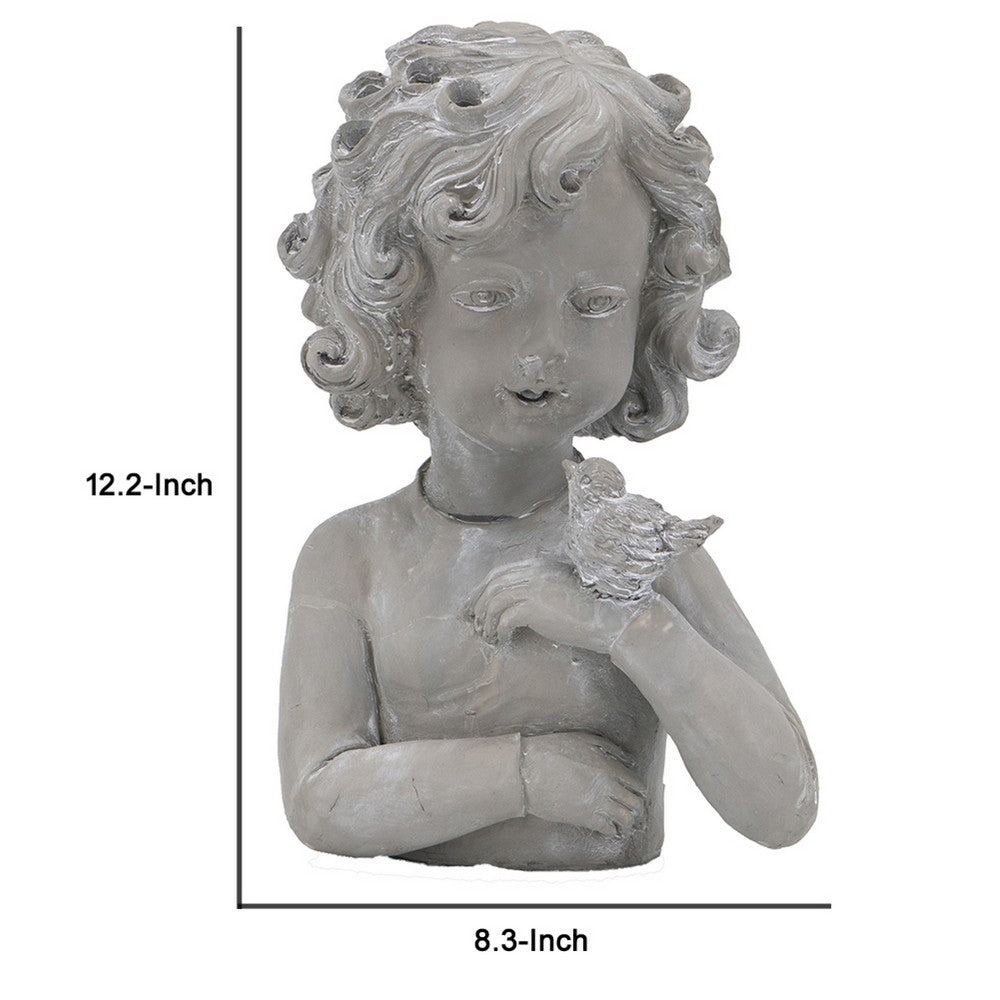 Decorative Vase | Bird on Girl's Hand Sculpture | Gray Polyresin | 12"