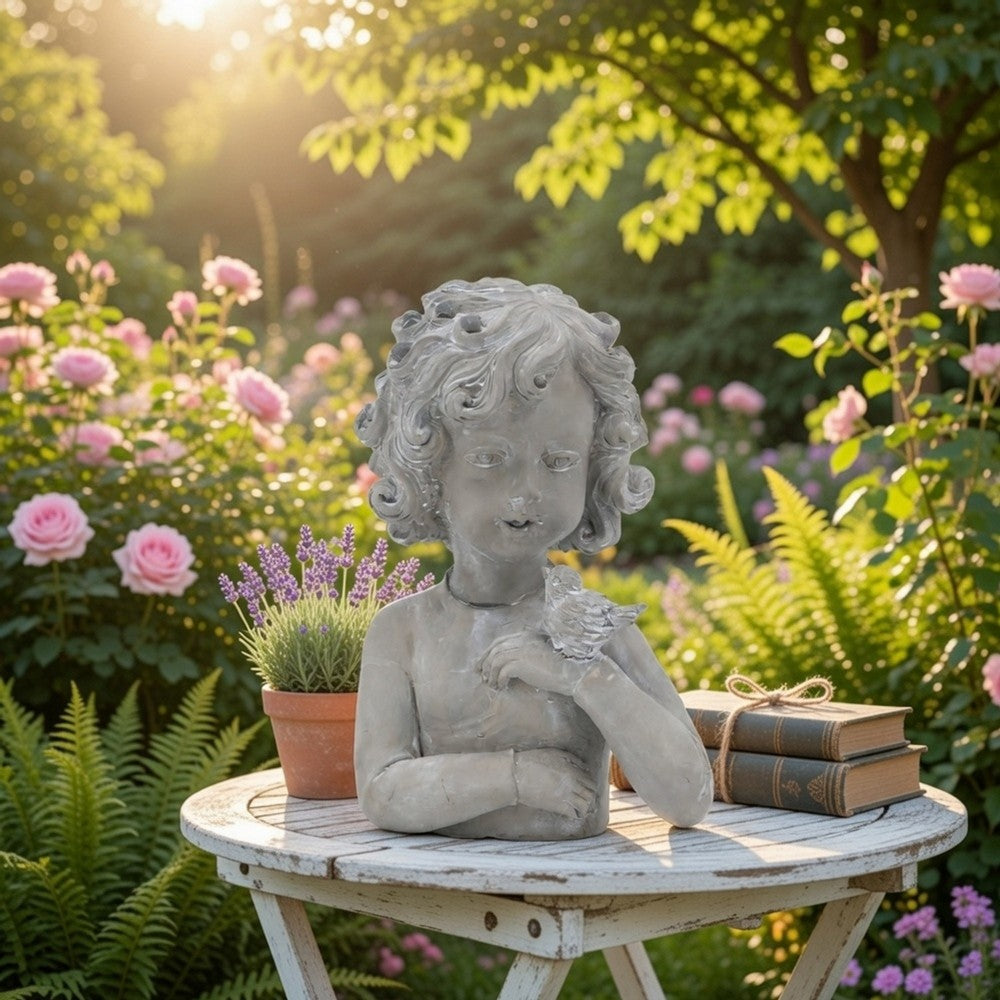 Decorative Vase | Bird on Girl's Hand Sculpture | Gray Polyresin | 12"