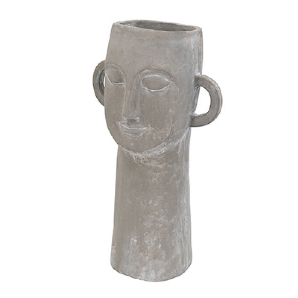 Decorative Vase | Human Face Sculpture | Loop Handles | 21" Gray Cement