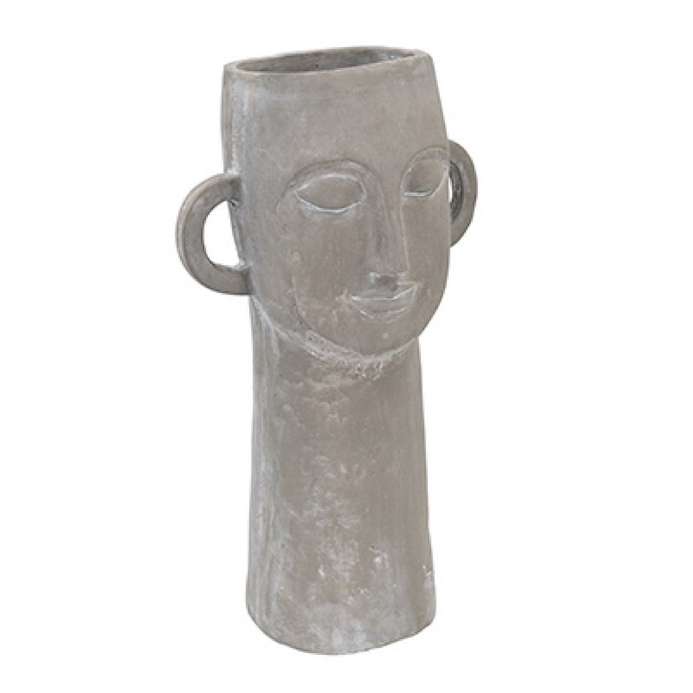 Decorative Vase | Human Face Sculpture | Loop Handles | 21" Gray Cement