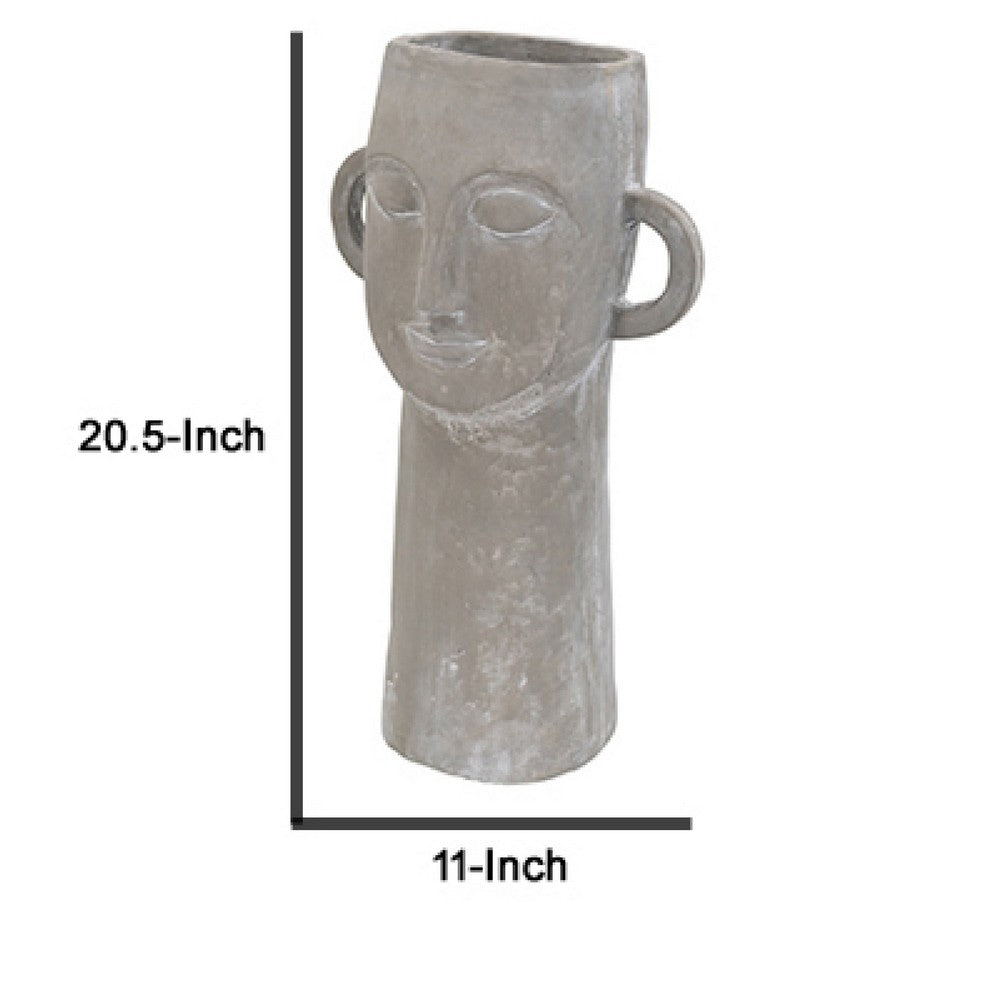 Decorative Vase | Human Face Sculpture | Loop Handles | 21" Gray Cement