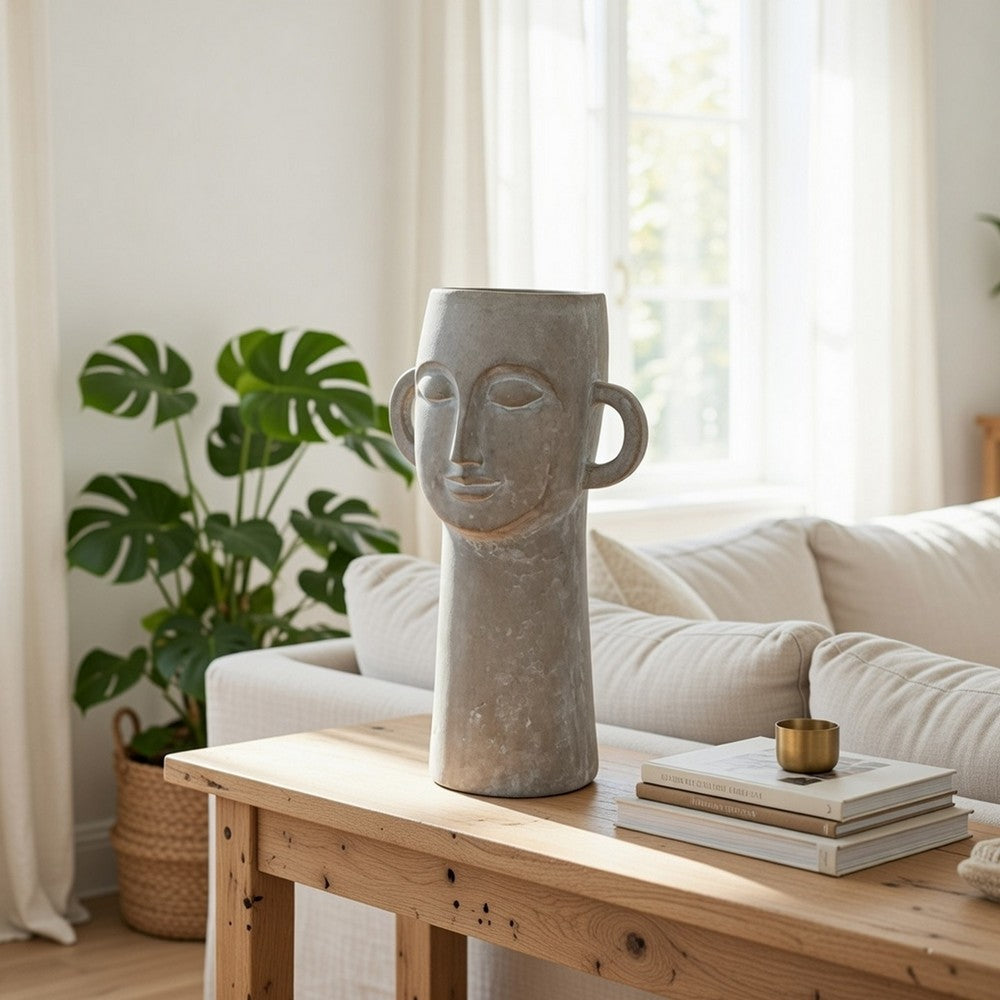 Decorative Vase | Human Face Sculpture | Loop Handles | 21" Gray Cement