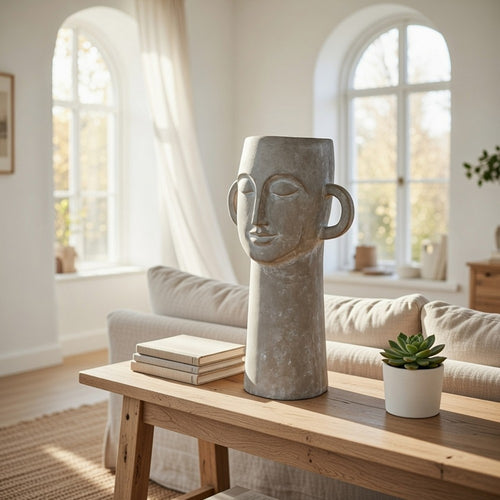 Decorative Vase | Human Face Sculpture | Loop Handles | 21" Gray Cement