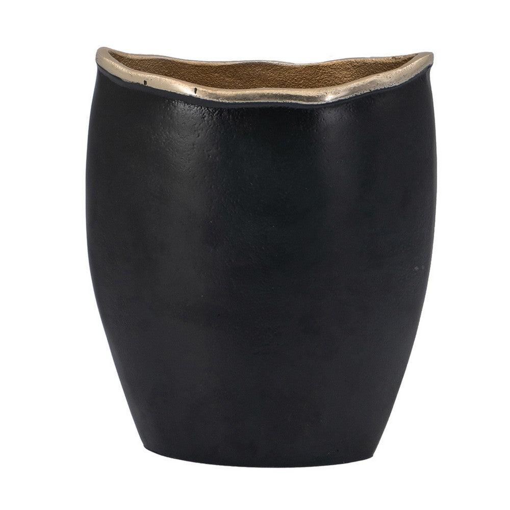 Decorative Oval Vase | Live Edge Curved Gold Rim | Black Aluminum 10"
