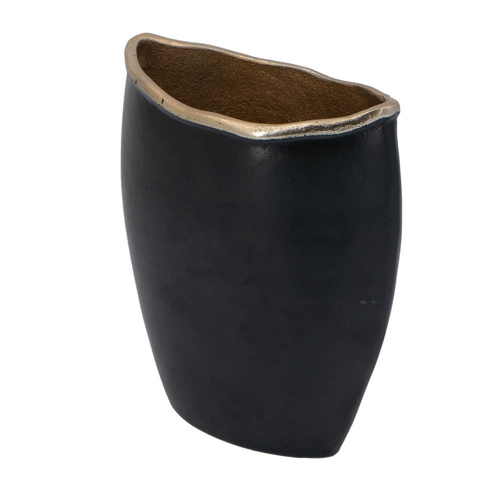 Decorative Oval Vase | Live Edge Curved Gold Rim | Black Aluminum 10"