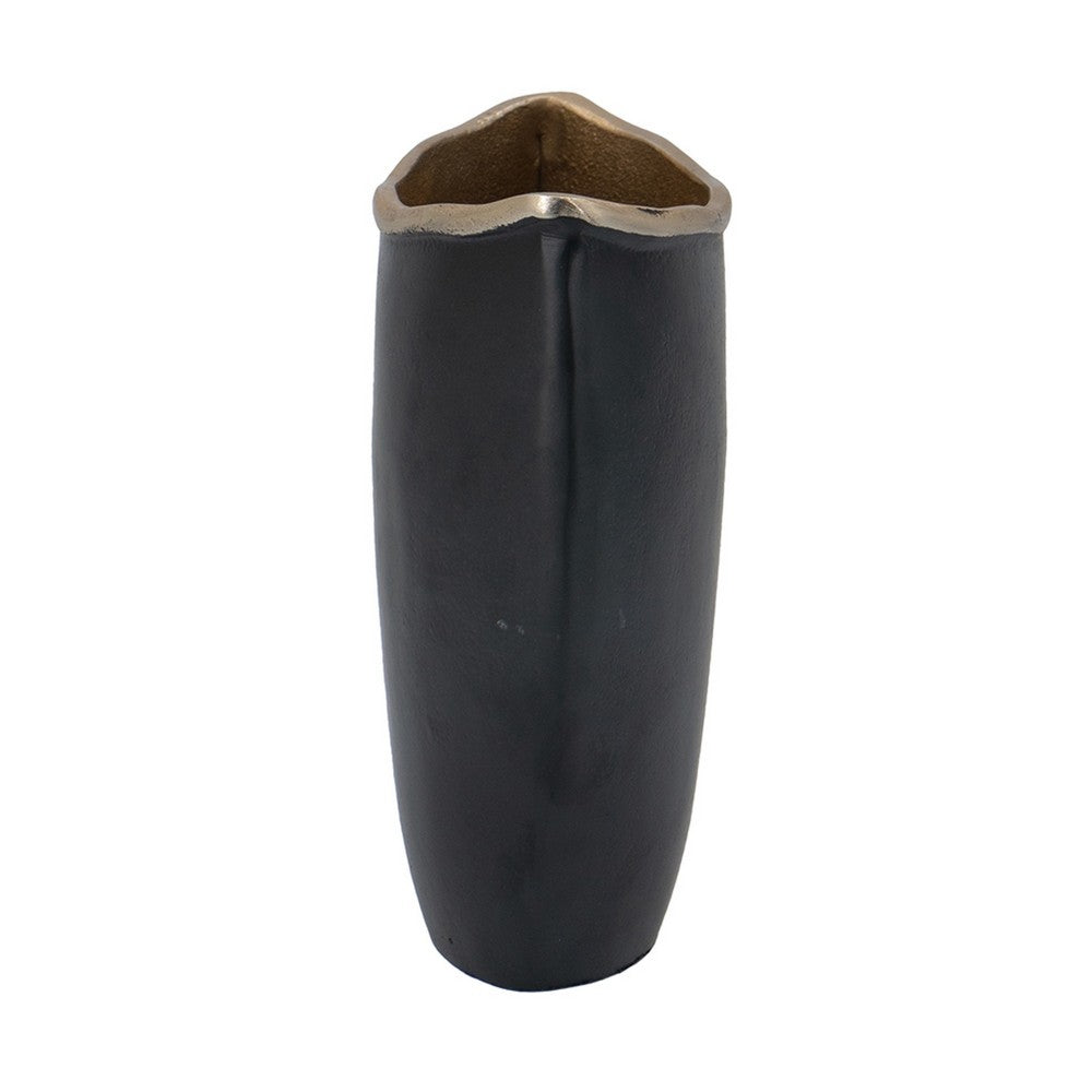 Decorative Oval Vase | Live Edge Curved Gold Rim | Black Aluminum 10"