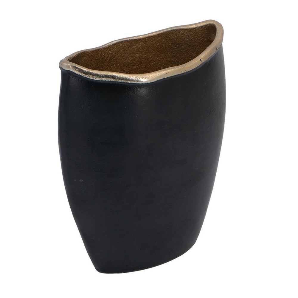 Decorative Oval Vase | Live Edge Curved Gold Rim | Black Aluminum 10"