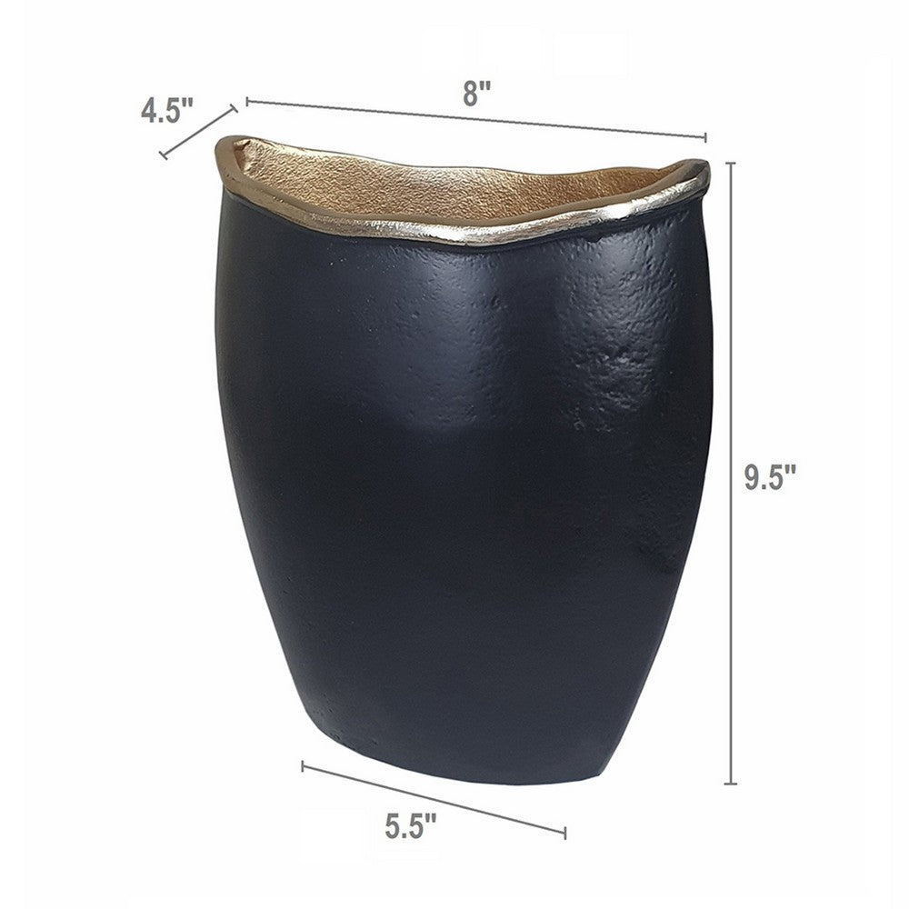 Decorative Oval Vase | Live Edge Curved Gold Rim | Black Aluminum 10"
