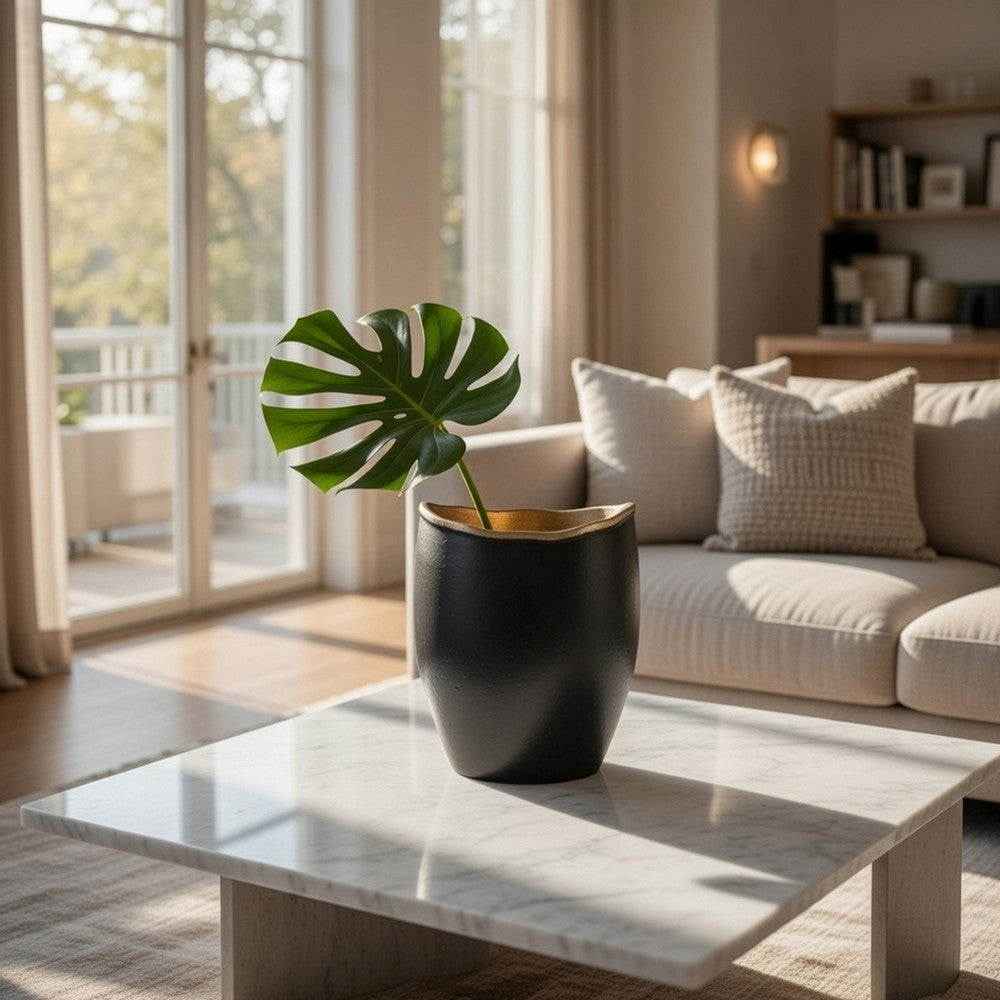 Decorative Oval Vase | Live Edge Curved Gold Rim | Black Aluminum 10"