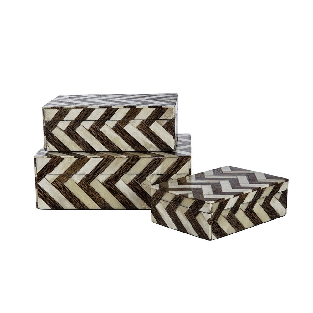 Storage Box Set of 3 | Zigzag Bone Inlay | White & Brown 9 7 6"