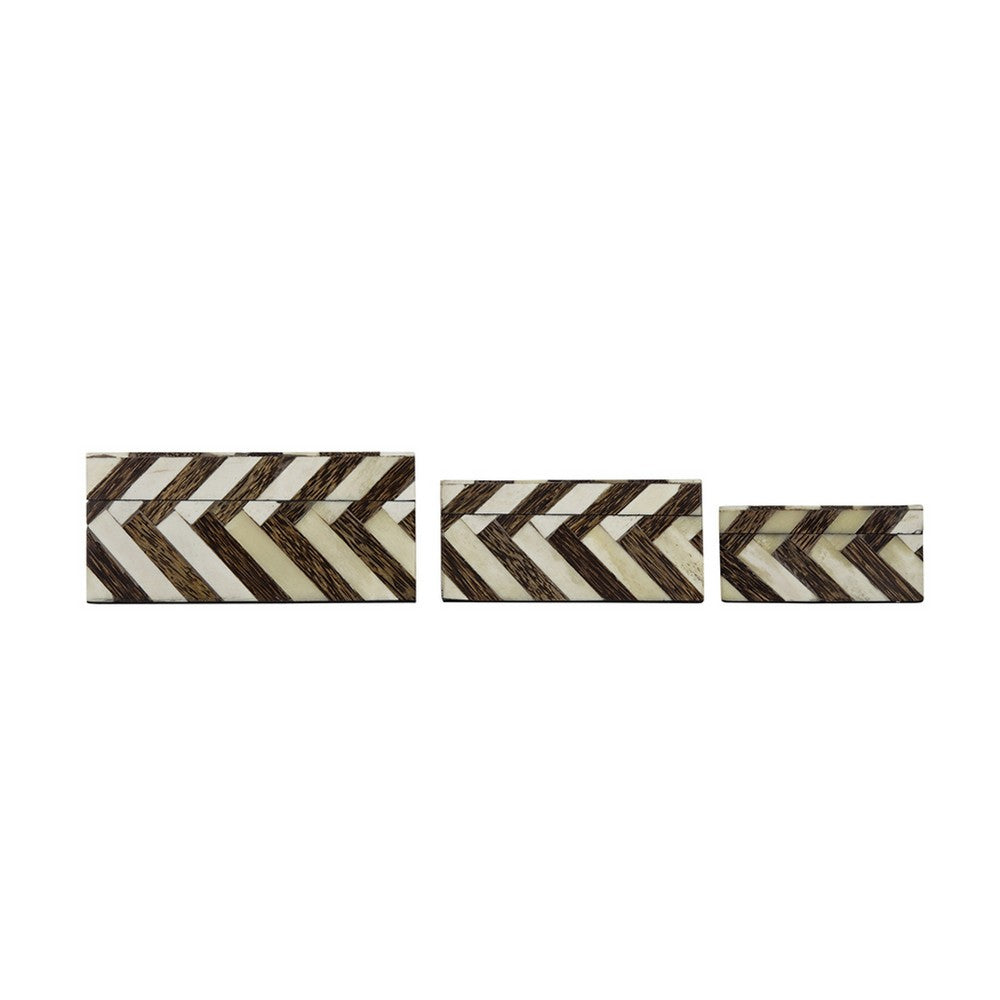 Storage Box Set of 3 | Zigzag Bone Inlay | White & Brown 9 7 6"