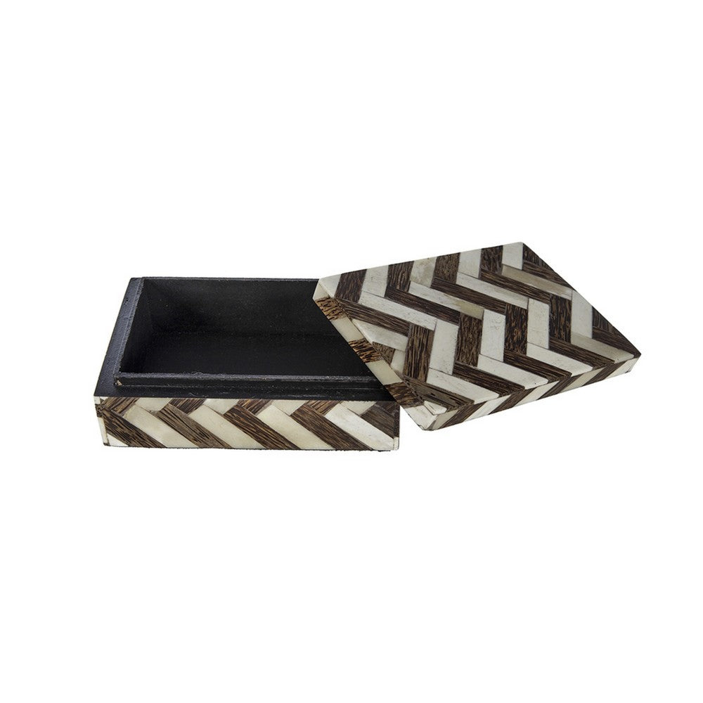 Storage Box Set of 3 | Zigzag Bone Inlay | White & Brown 9 7 6"