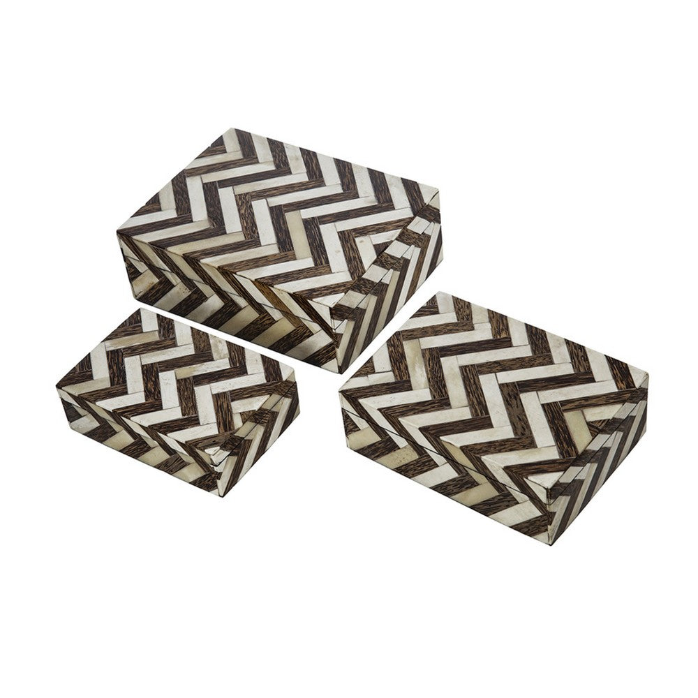 Storage Box Set of 3 | Zigzag Bone Inlay | White & Brown 9 7 6"