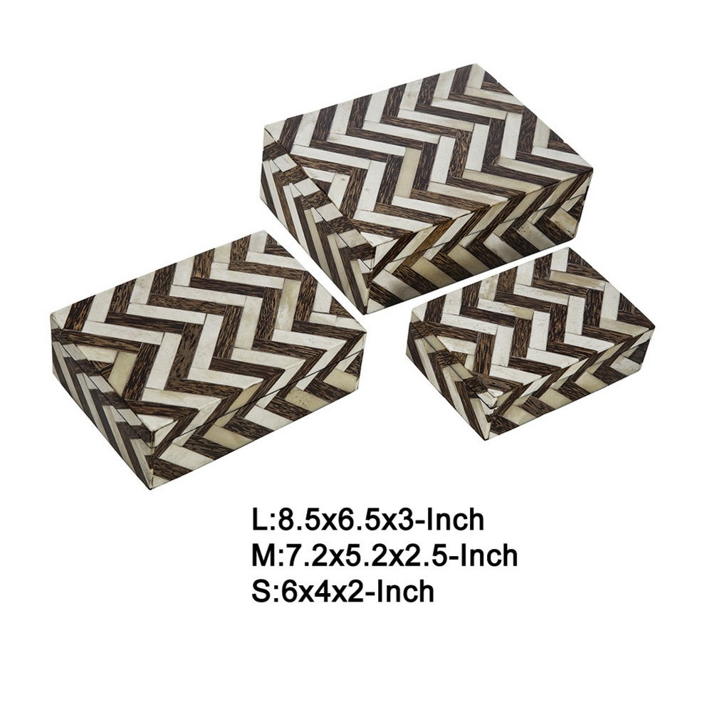 Storage Box Set of 3 | Zigzag Bone Inlay | White & Brown 9 7 6"