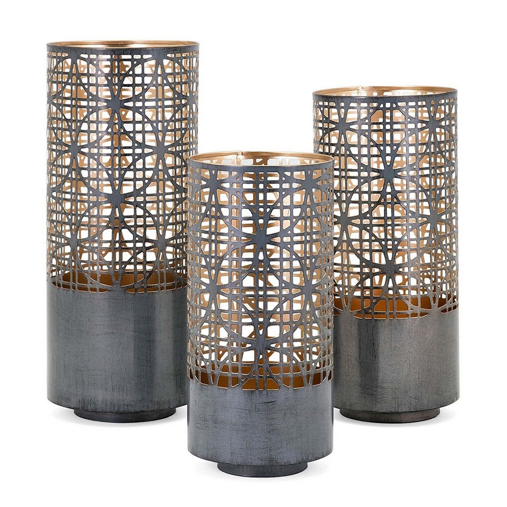 Lantern Set of 3 | Cylindrical | Pieced Lattice Gold | Gray 15 13 11"