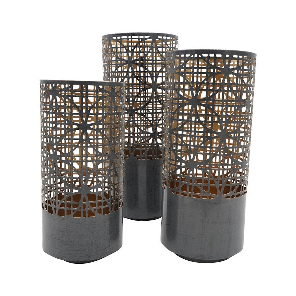 Lantern Set of 3 | Cylindrical | Pieced Lattice Gold | Gray 15 13 11"