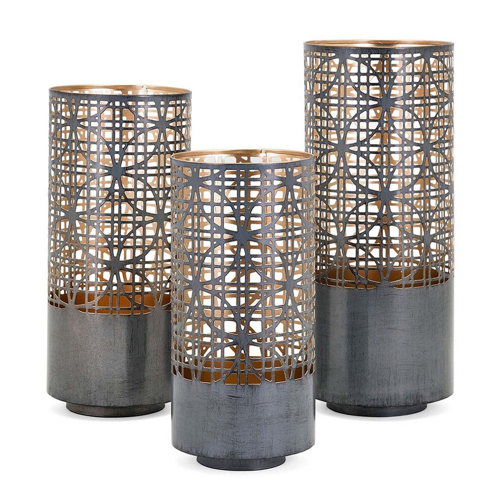 Lantern Set of 3 | Cylindrical | Pieced Lattice Gold | Gray 15 13 11"