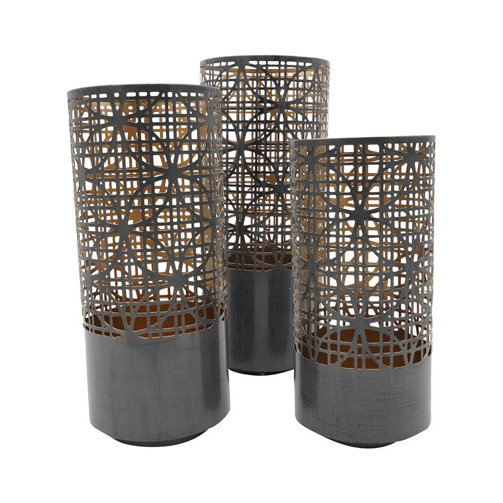 Lantern Set of 3 | Cylindrical | Pieced Lattice Gold | Gray 15 13 11"