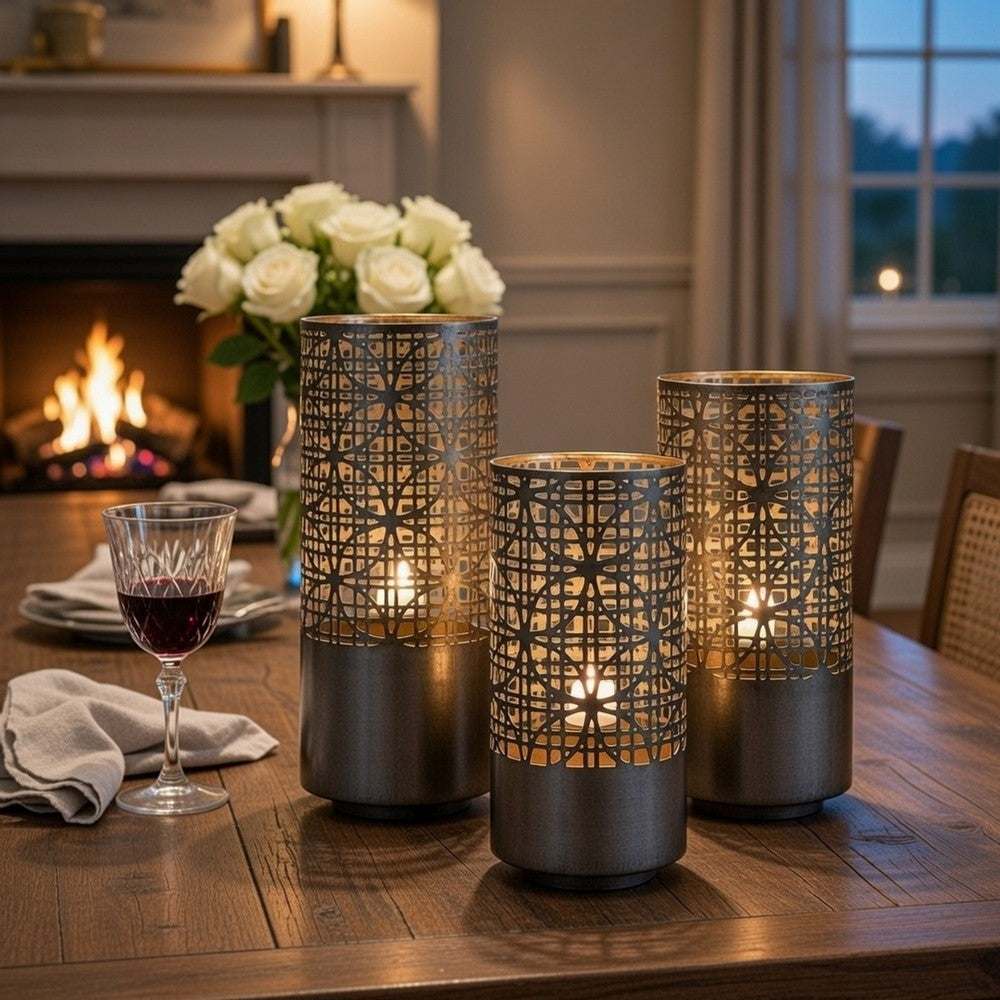 Lantern Set of 3 | Cylindrical | Pieced Lattice Gold | Gray 15 13 11"
