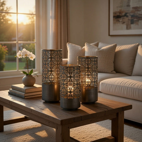 Lantern Set of 3 | Cylindrical | Pieced Lattice Gold | Gray 15 13 11"