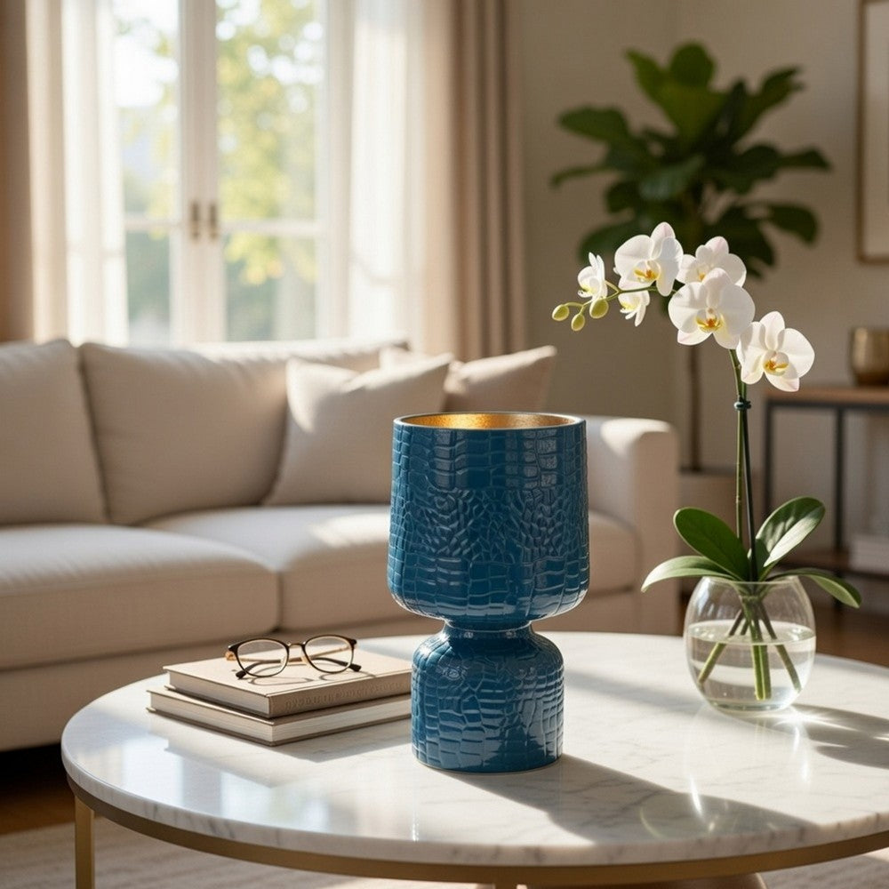 Dany Vase | Crocodile Texture | Watertight Base | 8" Blue Aluminum