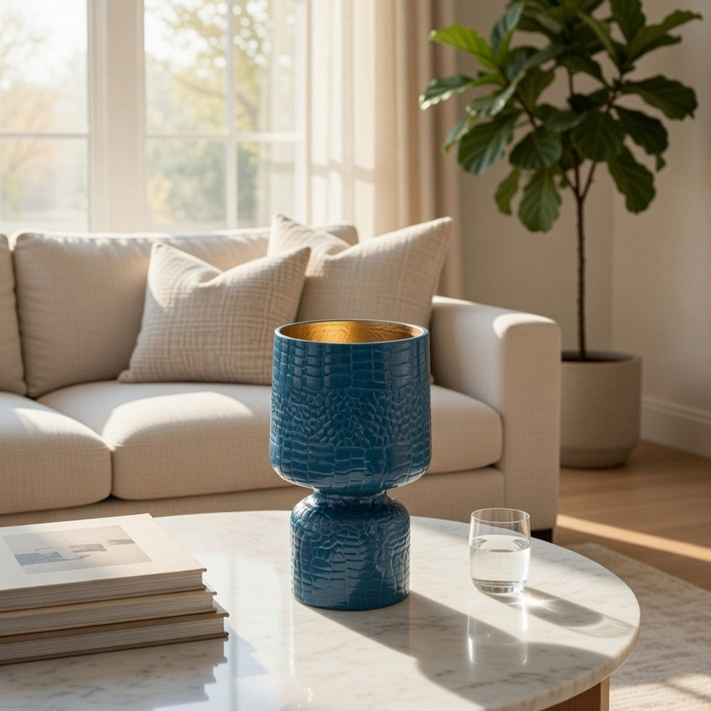 Dany Vase | Crocodile Texture | Watertight Base | 8" Blue Aluminum