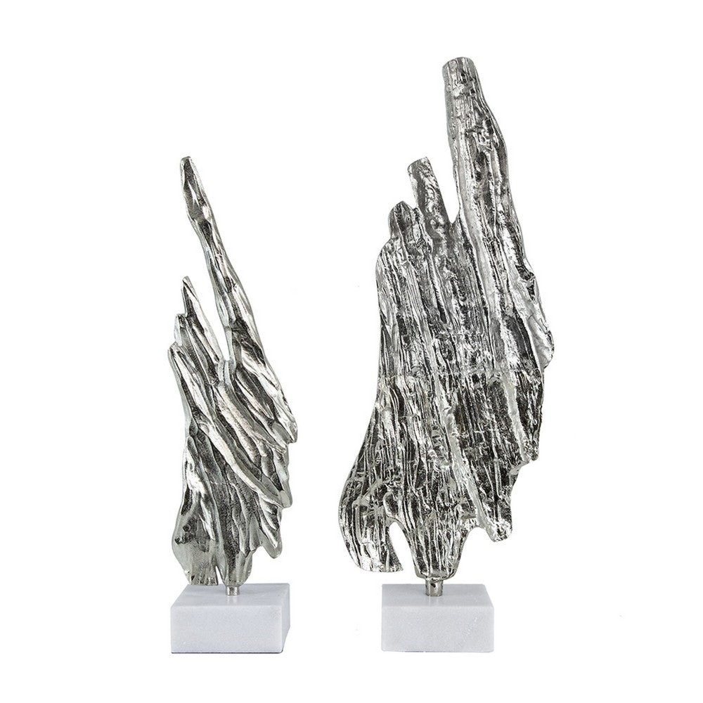 Tree Bark Sculpture Set of 2 | White Marble | Silver Aluminum 27 23"